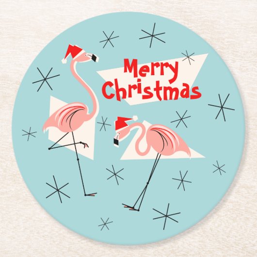 Flamingo Santas Blue Merry Kerstround Ronde Kartonnen Onderzetter (Voorkant)