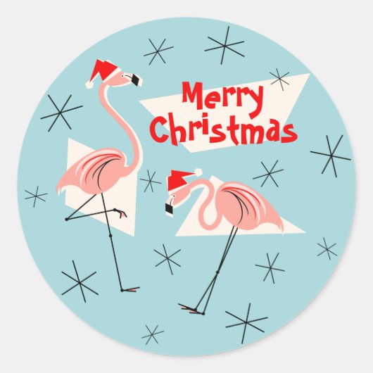 Flamingo Santas Blue Merry sticker round (Voorkant)