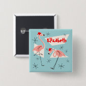 Flamingo Santas Blue Name button vierkant (Voorkant /achterkant)