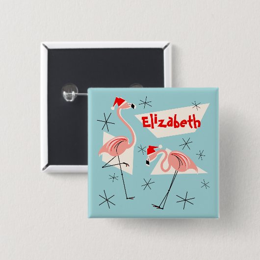 Flamingo Santas Blue Name button vierkant (Voorkant /achterkant)
