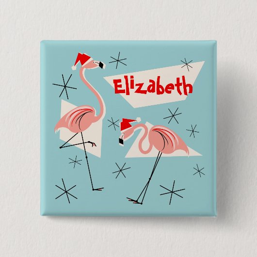 Flamingo Santas Blue Name button vierkant (Voorkant)
