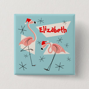 Flamingo Santas Blue Name button vierkant