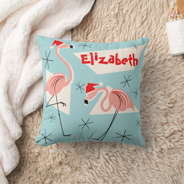 Flamingo Santas Blue Name square Kussen (Deken)