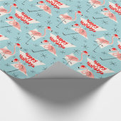 Flamingo Santas Blue Prettige feestdagen Cadeaupapier (Hoek)