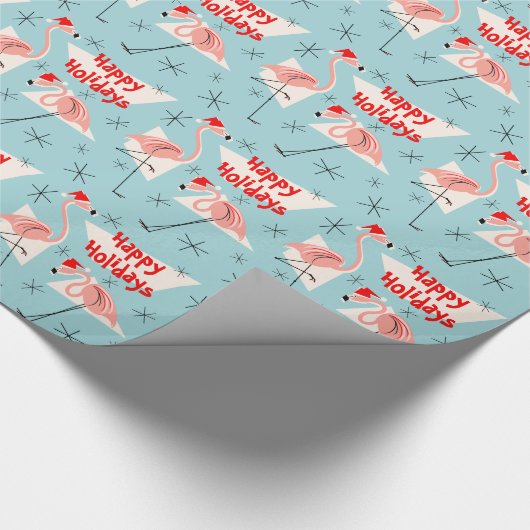 Flamingo Santas Blue Prettige feestdagen Cadeaupapier (Hoek)