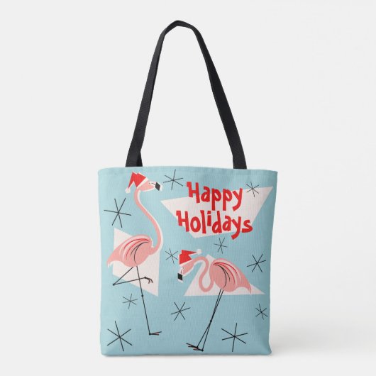 Flamingo Santas Blue Prettige feestdagen overal Tote Bag (Achterkant)
