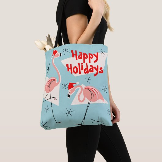Flamingo Santas Blue Prettige feestdagen overal Tote Bag (Dichtbij)