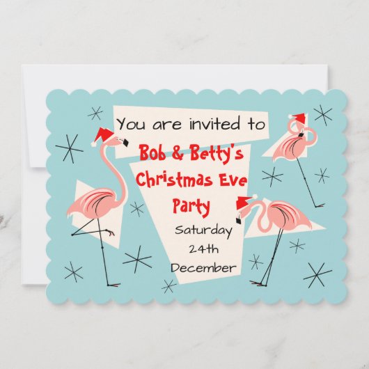 Flamingo Santas Blue scalloped horizontal Kaart (Voorkant)