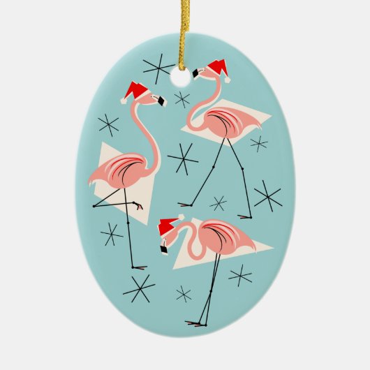 Flamingo Santas Blue Text ornament oval (Voorkant)