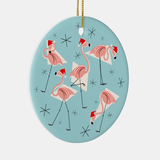 Flamingo Santas Blue Text ornament round (Rechts)