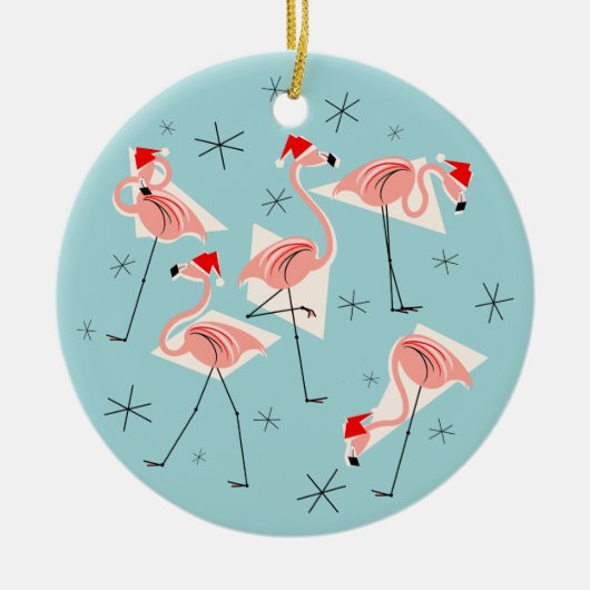 Flamingo Santas Blue Text ornament round (Voorkant)