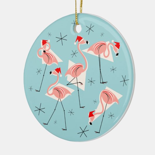 Flamingo Santas Blue Text ornament round (Links)