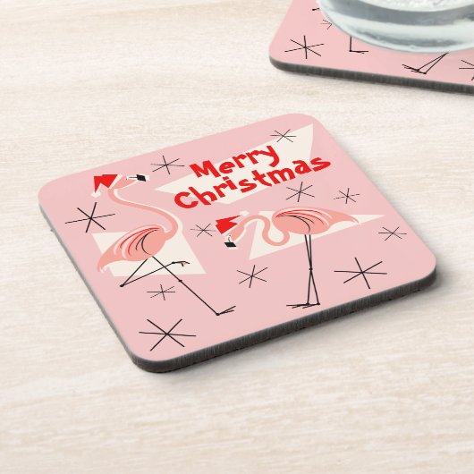 Flamingo Santas Pink Merry Kerstplastic Bier Onderzetter (Linkerzijde)