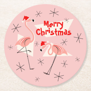 Flamingo Santas Pink Merry Kerstround Ronde Kartonnen Onderzetter