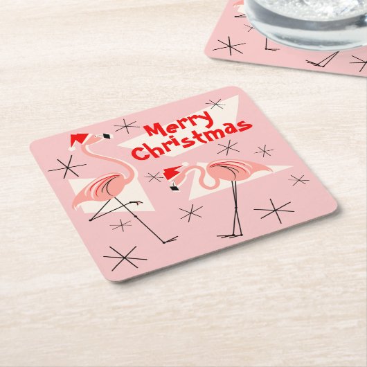Flamingo Santas Pink Merry Kerstvierkant Kartonnen Onderzetters (Schuin)