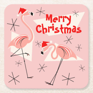 Flamingo Santas Pink Merry Kerstvierkant Kartonnen Onderzetters