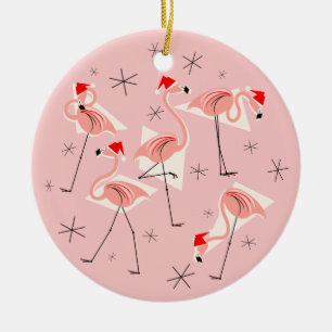Flamingo Santas Pink Prettige feestdagen round Keramisch Ornament