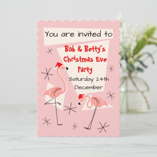Flamingo Santas Pink-uitnodiging gescallopeerd Kaart (Staand voorkant)