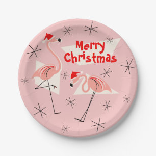 Flamingo Santas Roze Vrolijk kerstpapier bord