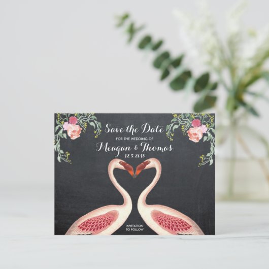 Flamingo Save the Date briefkaart krijtbord stijl (Staand voorkant)