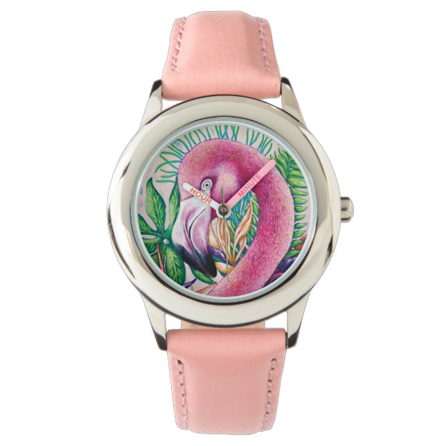 Flamingo Schattigee Kinder Meisje Vogel eWatch Horloge (Voorkant)