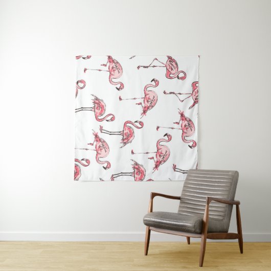 Flamingo schets: Tropisch  patroon. Wandkleed (In Situ (horizontaal))