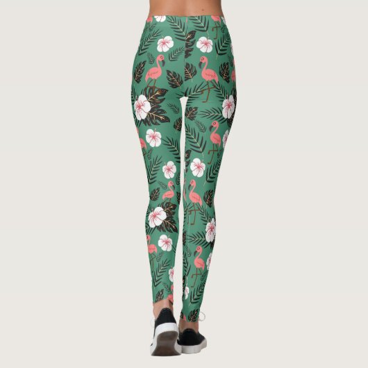 Flamingo seamless pattern pink on green background leggings (Achterkant)