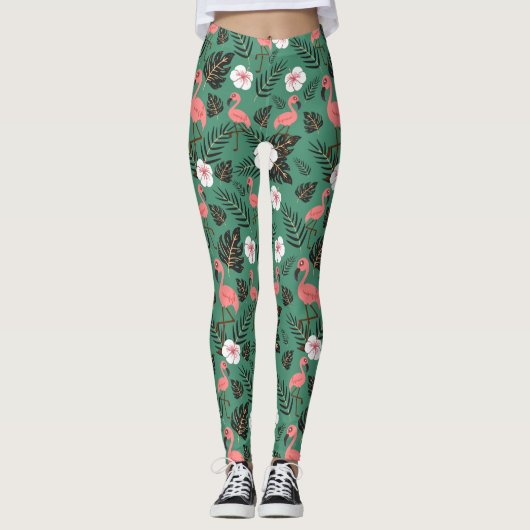Flamingo seamless pattern pink on green background leggings (Voorkant)