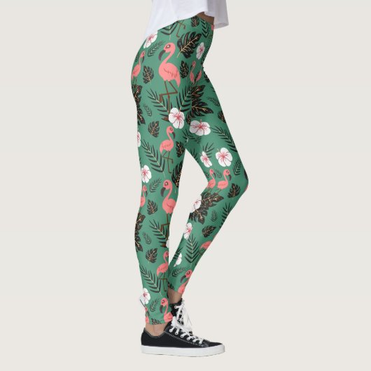 Flamingo seamless pattern pink on green background leggings (Rechts)