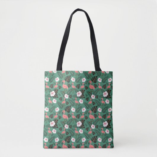 Flamingo seamless pattern pink on green background tote bag (Voorkant)