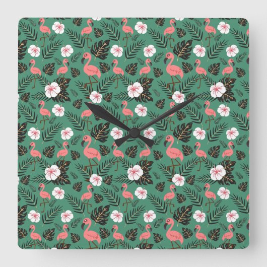Flamingo seamless pattern pink on green background vierkante klok (Voorkant)