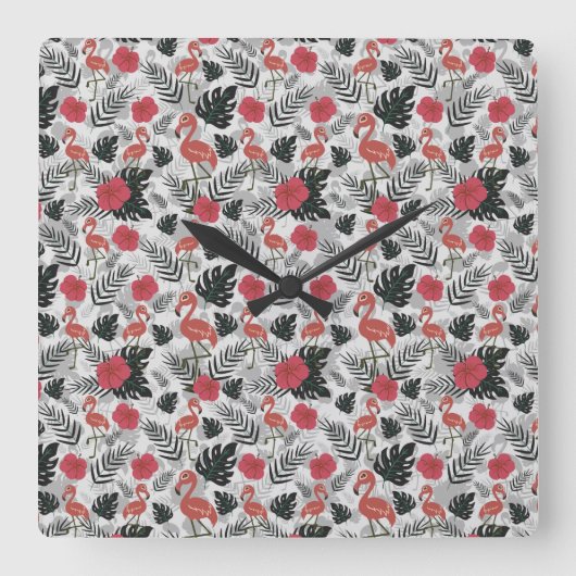 Flamingo seamless pattern with floral background vierkante klok (Voorkant)