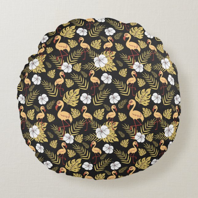 Flamingo seamless pattern yellow and white flowers rond kussen (Voorkant)