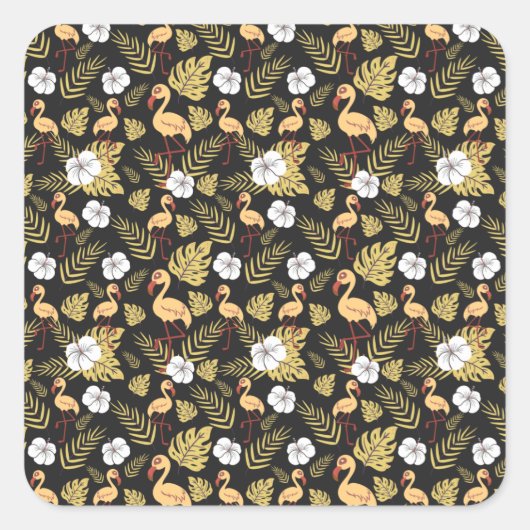 Flamingo seamless pattern yellow and white flowers vierkante sticker (Voorkant)