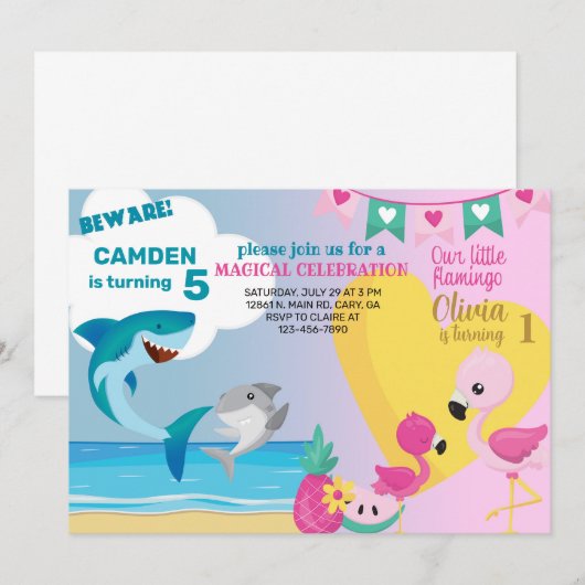 Flamingo & shark siblings verjaardaguitnodiging. kaart (Voorkant / Achterkant)