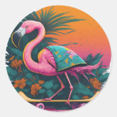 Flamingo Skater Ronde Sticker (Voorkant)