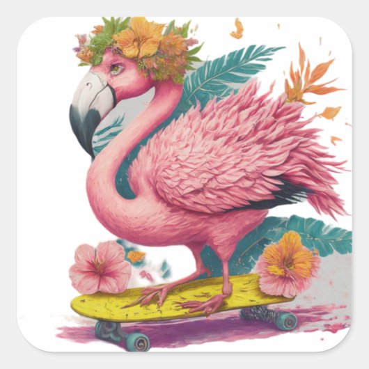 Flamingo Skater - Tropisch Skateboard Vibes Square Vierkante Sticker (Voorkant)