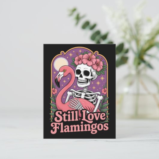 Flamingo Skelet Zeldzame Halloween Koningin Briefkaart (Staand voorkant)