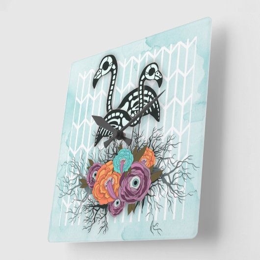 Flamingo Skeleton Halloween Compositie Vierkante Klok (Hoek)