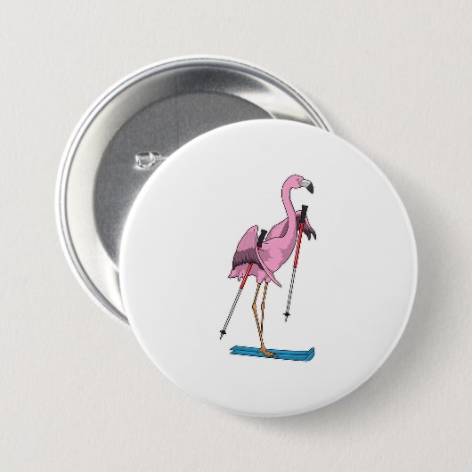 Flamingo Skiër Ski Ronde Button 7,6 Cm (Voorkant /achterkant)