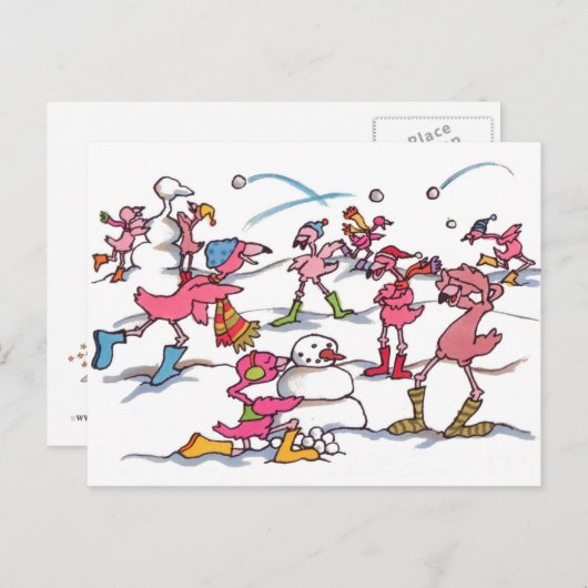Flamingo Snowball Fight Briefkaart (Voorkant / Achterkant)