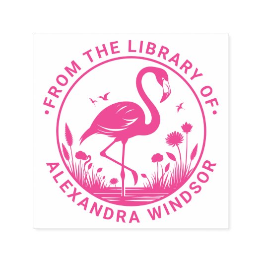 Flamingo Staand, Bloemen Bibliotheek Boeknaam Zelfinktende Stempel (Design)