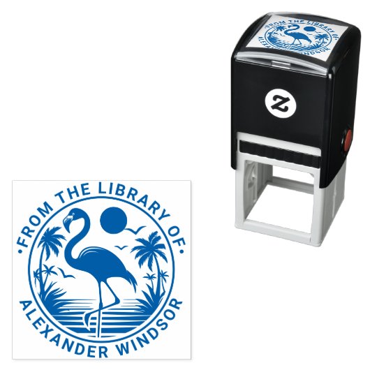 Flamingo Staand, Palmboom Bibliotheek Boek Naam Zelfinktende Stempel (In situ)