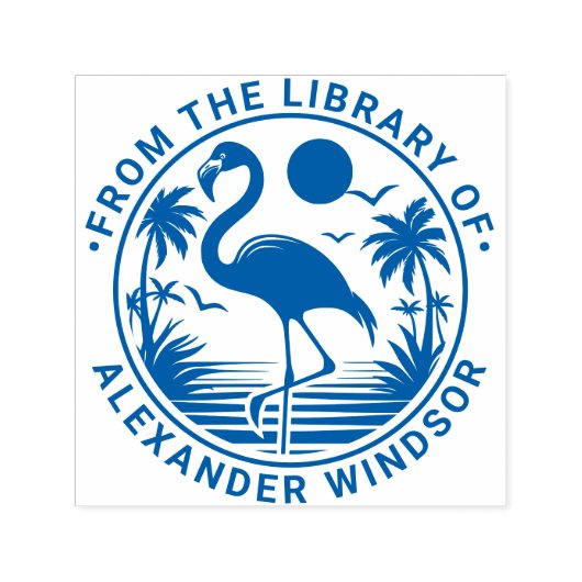 Flamingo Staand, Palmboom Bibliotheek Boek Naam Zelfinktende Stempel (Design)
