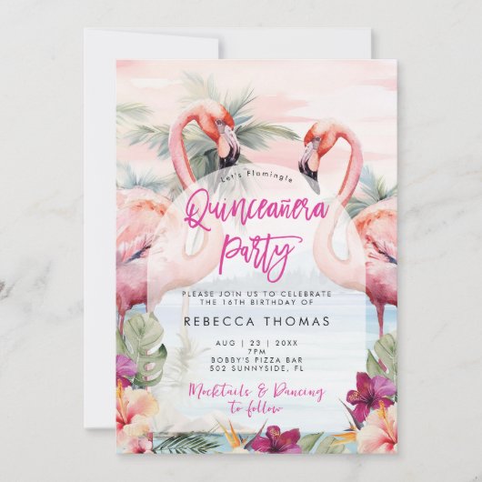 Flamingo strand Quinceanera feestuitnodiging Kaart (Voorkant)
