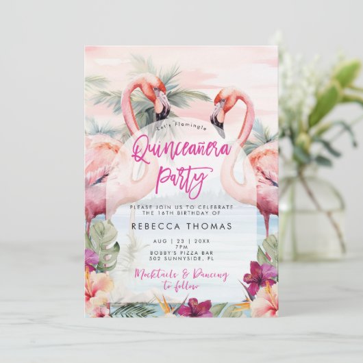 Flamingo strand Quinceanera feestuitnodiging Kaart (Staand voorkant)
