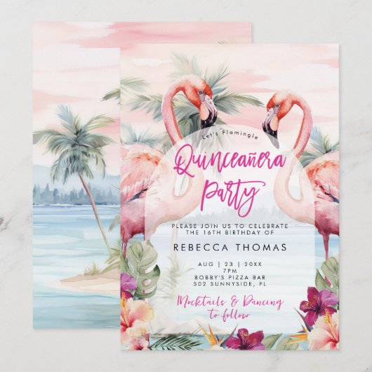 Flamingo strand Quinceanera feestuitnodiging Kaart (Voorkant / Achterkant)