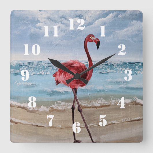 Flamingo Strand Vierkante Klok (Voorkant)
