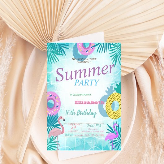 Flamingo Summer Pool Birthday Kaart