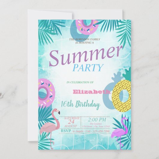 Flamingo Summer Pool Birthday Kaart (Voorkant)